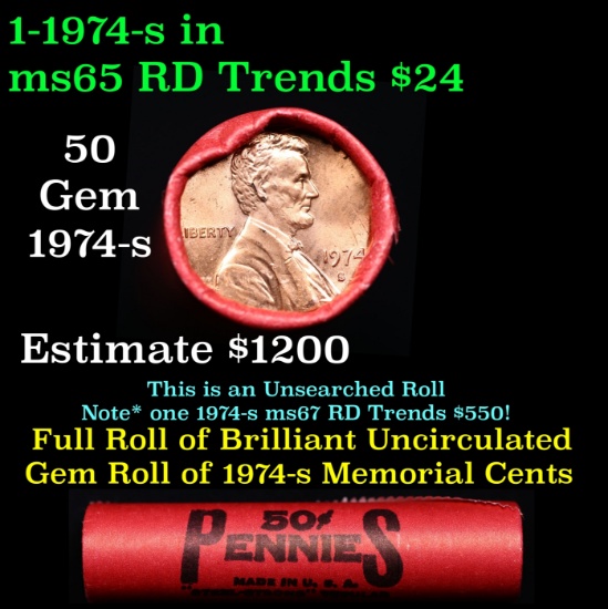 BU Shotgun Lincoln 1c roll, 1974-s 50 pcs Bank Wrapper 50c