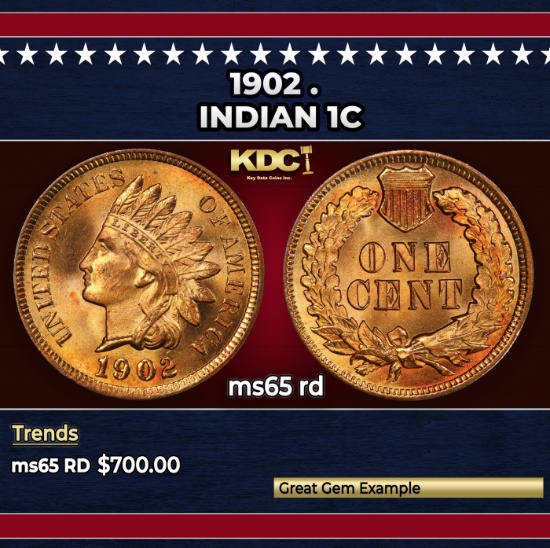 1902 Indian Cent . 1c Grades ms65 rd
