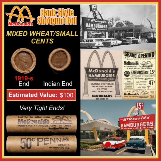 Lincoln Wheat Cent 1c Mixed Roll Orig Brandt McDonalds Wrapper, 1919-s end, Indian other end