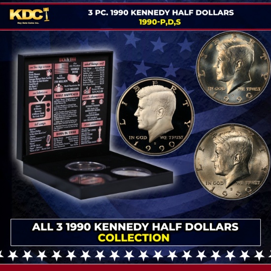 Complete 3 PC. 1990 Kennedy Half Dollar 50c set In Custom Box W/ Special Backer Card BU & Proof C...