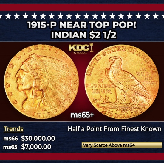 1915-p Gold Indian Quarter Eagle Near Top Pop! $2 1/2 ms65+ USCG