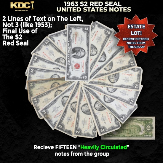 15x 1963 $2 Red Seal United States Note Heavily Circulated