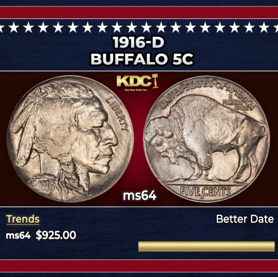 1916-d Buffalo Nickel 5c Grades ms64