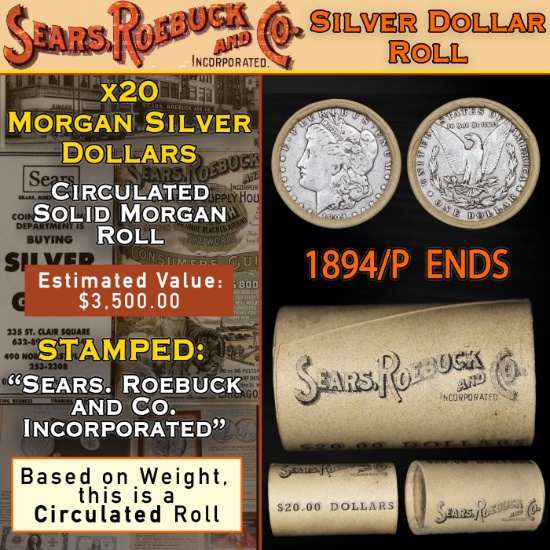 20 SEARS Circ Morgan Dollar $1 Roll Silver 1894/'P' Rev Ends