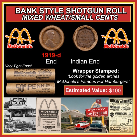 Lincoln Wheat Cent 1c Mixed Roll Orig Brandt McDonalds Wrapper, 1919-d end, Indian other end