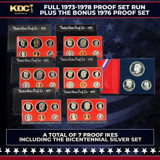 1973-1978 Proof Set Run Plus Bonus Silver Bicentennial 3pc Set 39 Coins 7 Complete Sets Complete ...