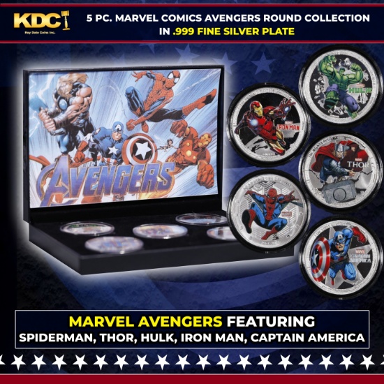 5 Coin Marvel Disney Avengers Silver Plated Round Collection Spider-Man, Hulk, Captain America, T...