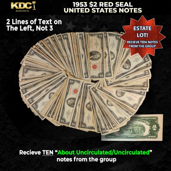 10x 1953 $2 Red Seal United States Note Grades AU/CU