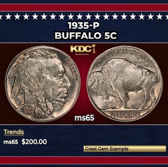 1935-p Buffalo Nickel 5c Grades ms65