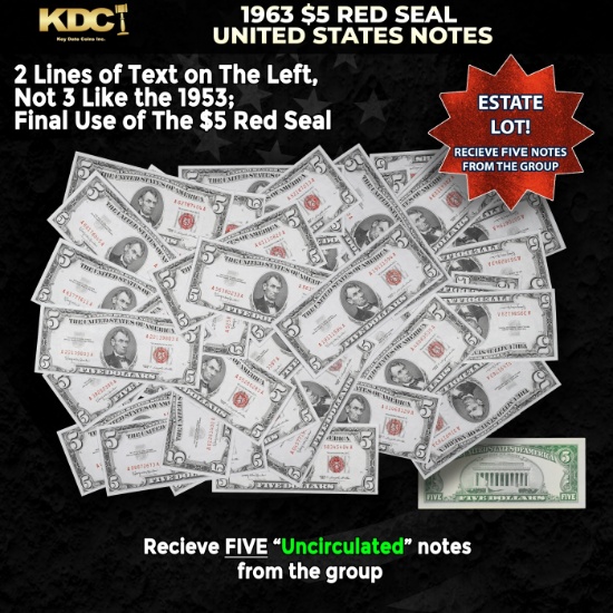 5x 1963 $5 Red Seal United States Note Grades CU