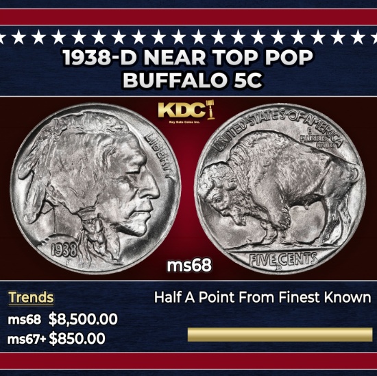 1938-d Buffalo Nickel Near Top Pop 5c ms68 SEGS