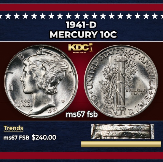 1941-d Mercury Dime 10c ms67 fsb SEGS