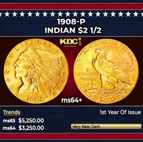 1908-p Gold Indian Quarter Eagle $2 1/2 ms64+ SEGS