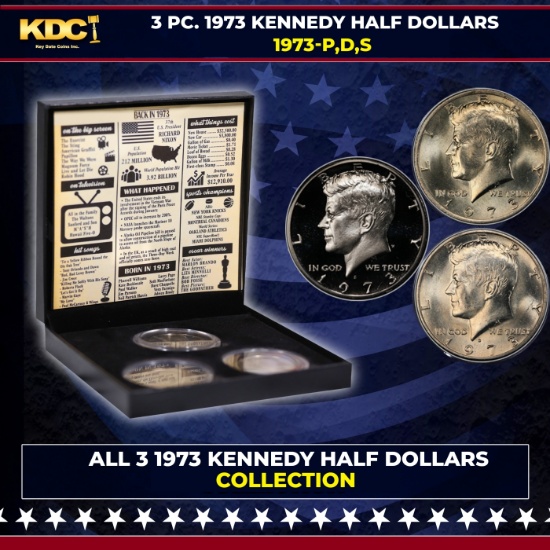 Complete 3 PC. 1973 Kennedy Half Dollar 50c set In Custom Box W/ Special Backer Card BU & Proof C...