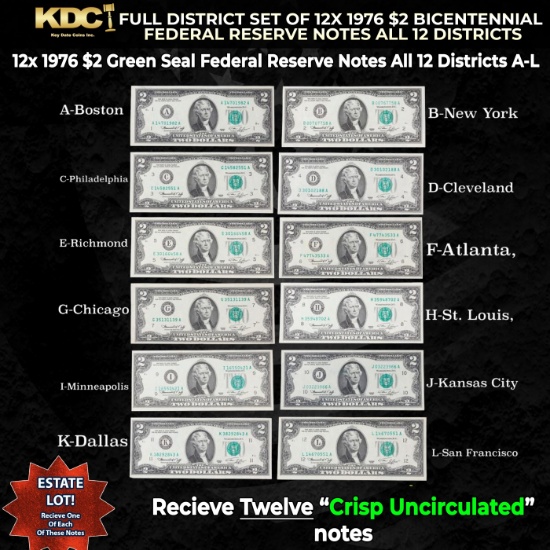 Full District Set of 12x 1976 Bicentennial $2 Federal Reserve Notes All 12 Districts A-L CU $2 Gr...