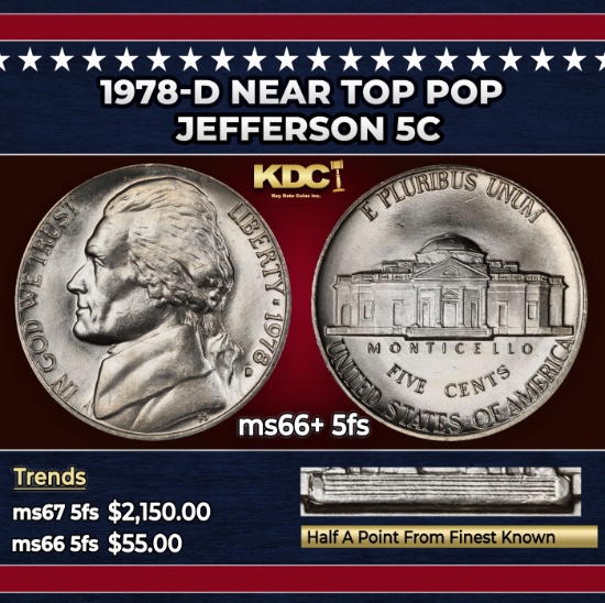 1978-d Jefferson Nickel Near Top Pop 5c ms66+ 5fs SEGS