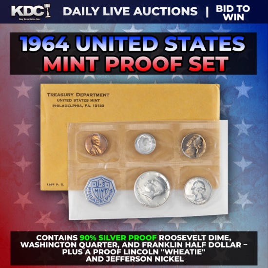 1964 United States Mint Silver Proof Set In Original Goventment Packaging, 5 Coins - Manilla Enve...
