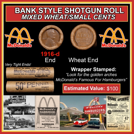 Lincoln Wheat Cent 1c Mixed Roll Orig Brandt McDonalds Wrapper, 1916-d end, Wheat other end