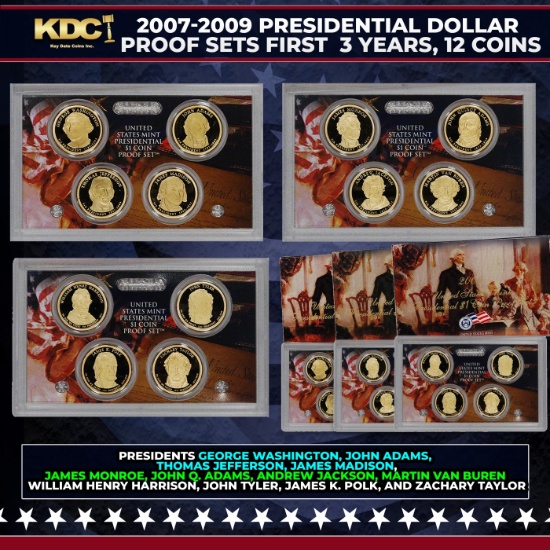 2007-2009 Presidential Dollar Proof Sets First  3 Years, 12 Coins In Original Government Packaging