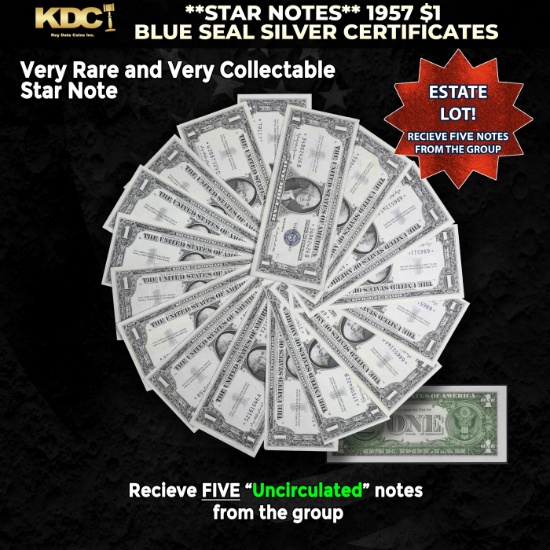 5x **STAR NOTES** 1957 $1 Blue Seal Silver Certificates Grades CU