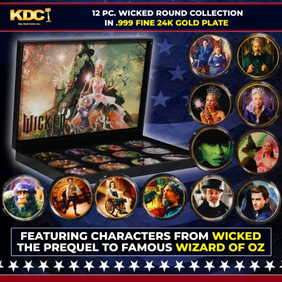 12 Coin Wicked Wizard of Oz Gold Plated Round Collection In Custom Box W/ Special Backer card
