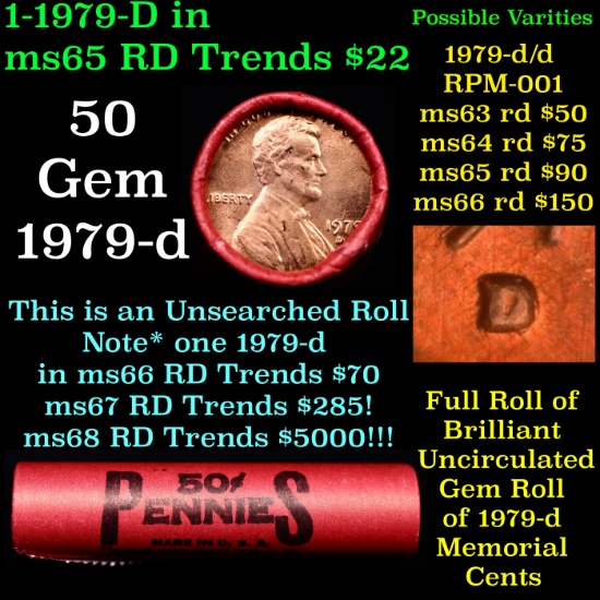 BU Shotgun Lincoln 1c roll, 1979-d 50 pcs Bank Wrapper 50c