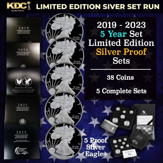 2019-2023 5 Year Set of Limited Edition Silver Proof Sets - 38 Coins Total, 5 Complete Sets Over 11