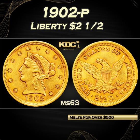 1902-p Gold Liberty Quarter Eagle $2 1/2 ms63 USCG
