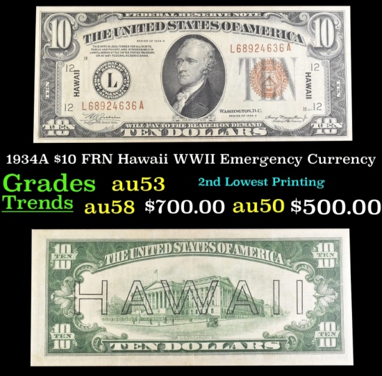 1934A $10 FRN Hawaii WWII Emergency Currency Grades Select AU
