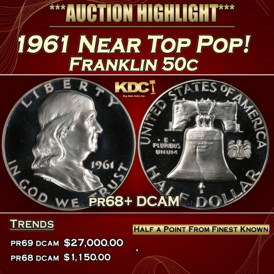 1961 Proof Franklin Half Dollar Near Top Pop! 50c pr68+ DCAM SEGS