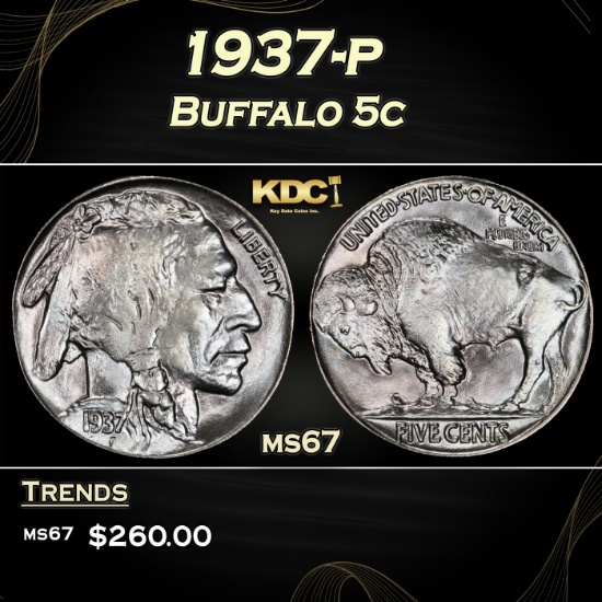 1937-p Buffalo Nickel 5c ms67 SEGS