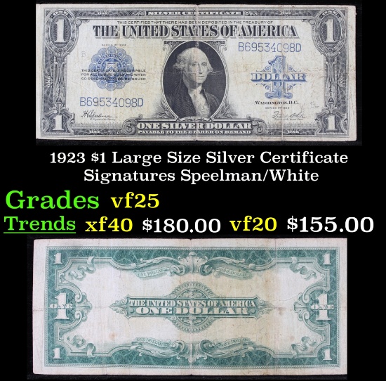 1923 $1 large size Silver Certificate Grades vf+ Signatures Speelman/White