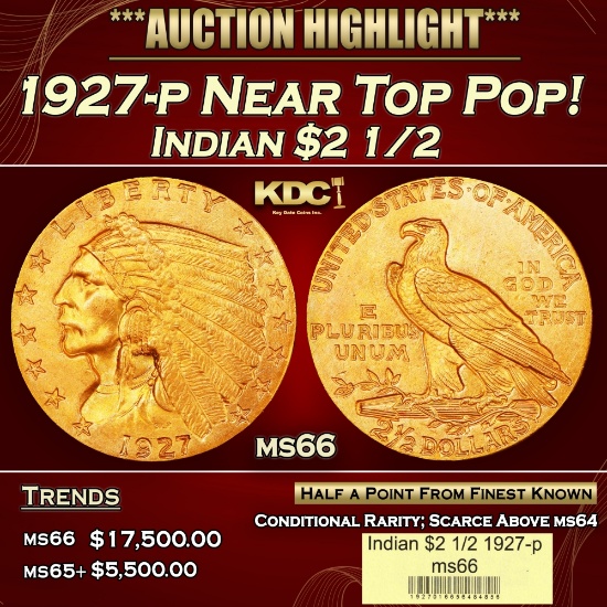1927-p Gold Indian Quarter Eagle Near Top Pop! $2 1/2 ms66 USCG