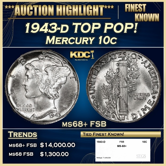 1943-d Mercury Dime TOP POP! 10c ms68+ FSB SEGS