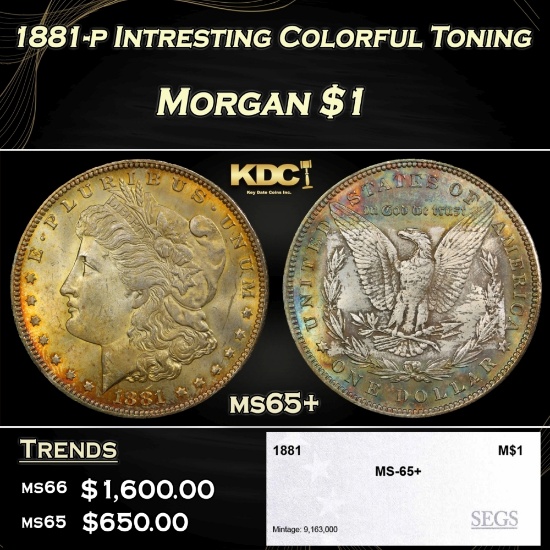 1881-p Morgan Dollar Intresting Colorful Toning $1 ms65+ SEGS