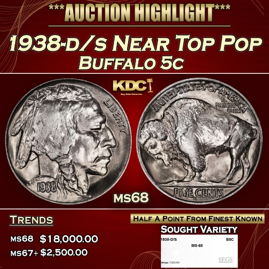1938-d/s Buffalo Nickel Near Top Pop 5c ms68 SEGS