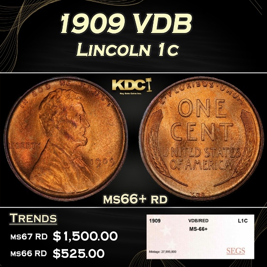1909 VDB Lincoln Cent 1c ms66+ rd SEGS