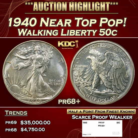 1940 Proof Walking Liberty Half Dollar Near Top Pop! 50c pr68+ SEGS