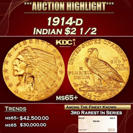 1914-d Gold Indian Quarter Eagle $2 1/2 ms65+ SEGS