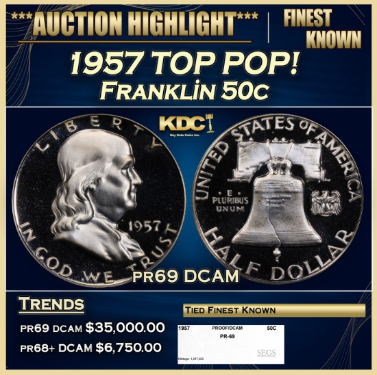 1957 Proof Franklin Half Dollar TOP POP! 50c pr69 DCAM SEGS