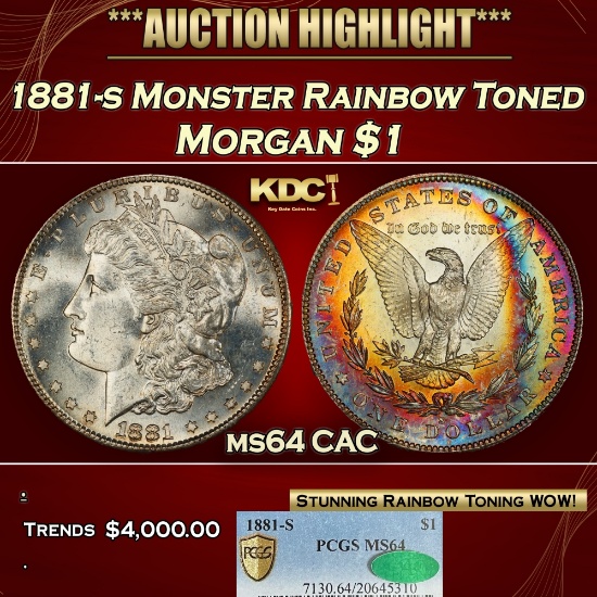 PCGS 1881-s Morgan Dollar Monster Rainbow Toned $1 ms64 CAC PCGS