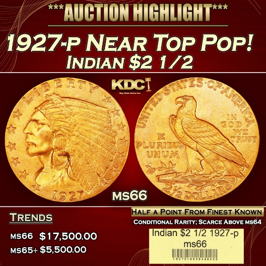 1927-p Gold Indian Quarter Eagle Near Top Pop! $2 1/2 ms66 USCG