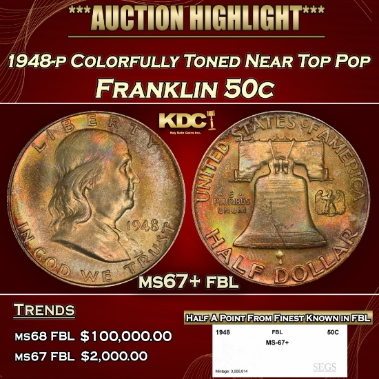 1948-p Franklin Half Dollar Colorfully Toned Near Top Pop 50c ms67+ fbl SEGS
