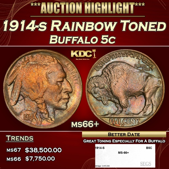 1914-s Buffalo Nickel Rainbow Toned 5c ms66+ SEGS
