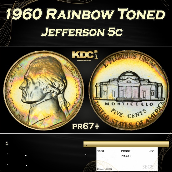 1960 Proof Jefferson Nickel Rainbow Toned 5c pr67+ SEGS