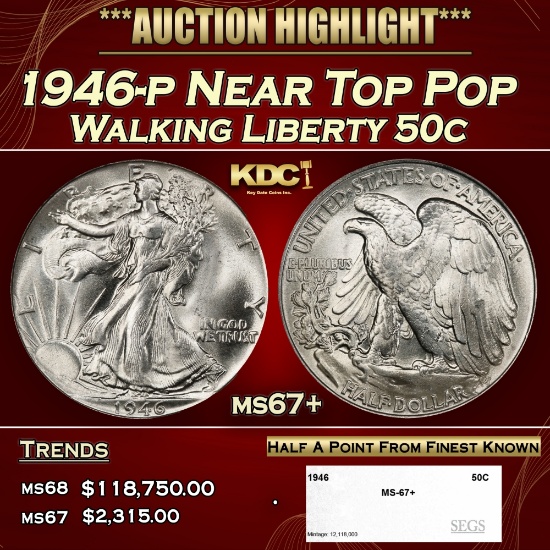 1946-p Walking Liberty Half Dollar Near Top Pop 50c ms67+ SEGS