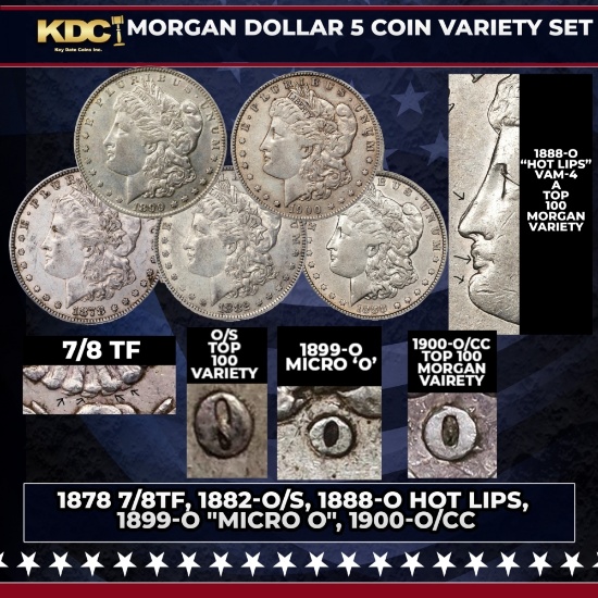 Morgan Dollar 5 Coin Variety Set 1878 7/8TF, 1882-o/s, 1888-o Hot Lips, 1899-o "Micro o", 1900-o/cc