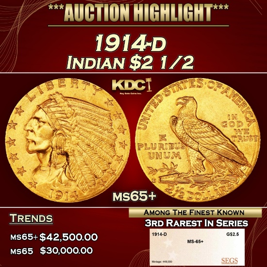 1914-d Gold Indian Quarter Eagle $2 1/2 ms65+ SEGS