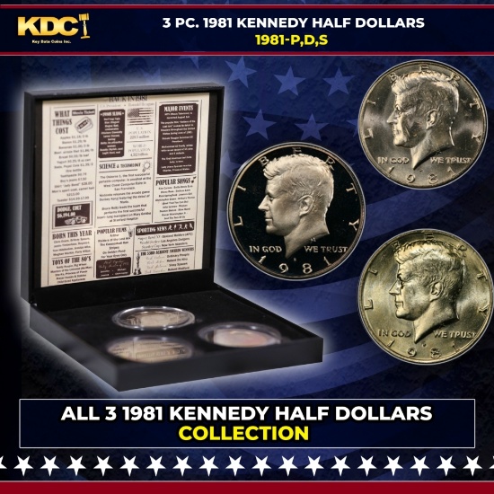 Complete 3 PC. 1981 Kennedy Half Dollar 50c set In Custom Box W/ Special Backer Card BU & Proof C...