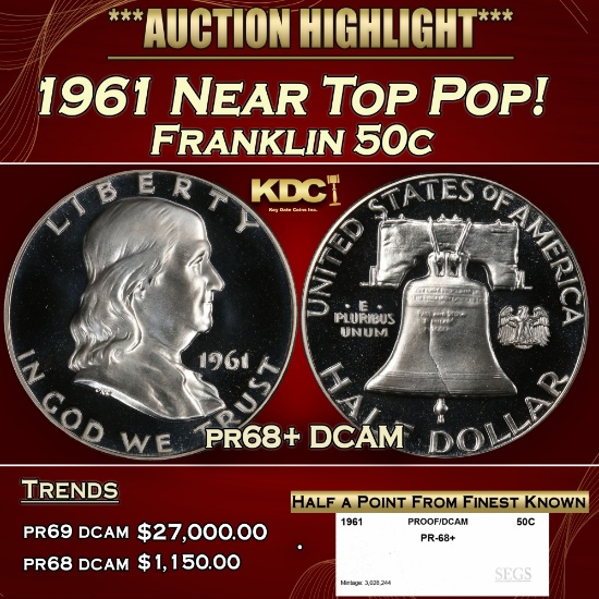 1961 Proof Franklin Half Dollar Near Top Pop! 50c pr68+ DCAM SEGS